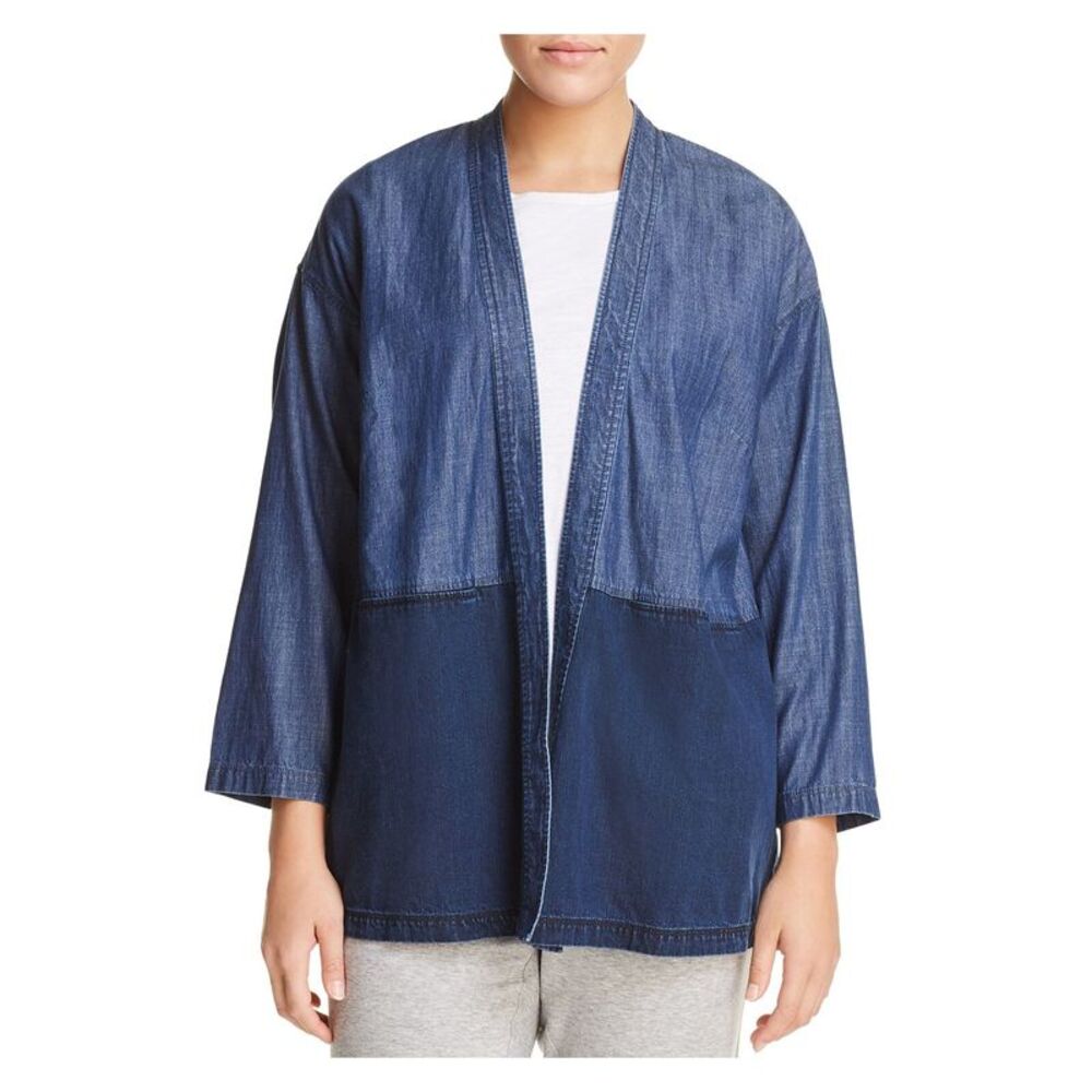 EILEEN FISHER Womens Navy Pocketed Kimono Jacket Long Sleeve Jacket Plus 1X